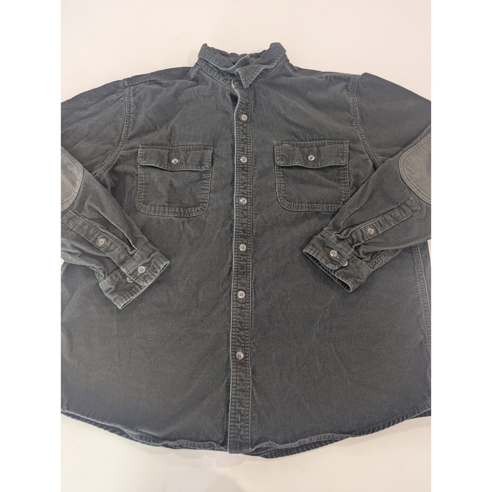 Eddie Bauer Shirt Men XL Dark Green Corduroy Button Up Elbow Patch 90s